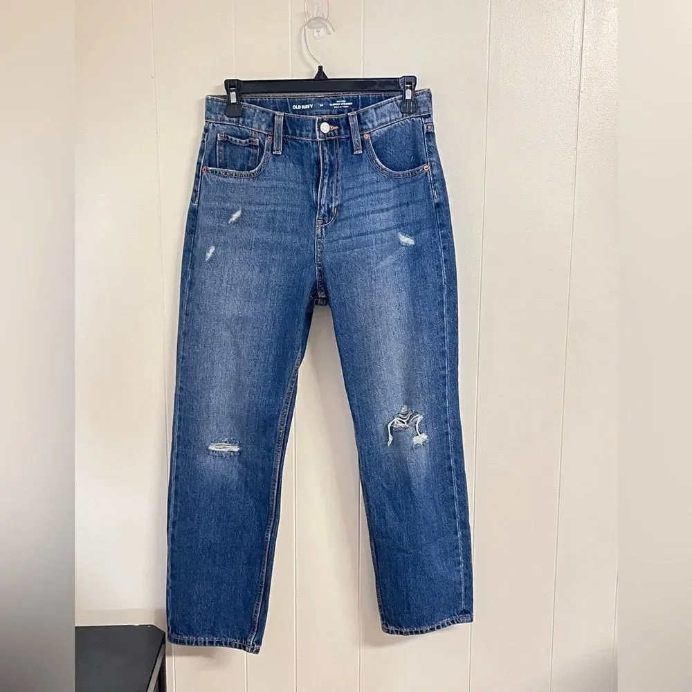 Girls High Rise Slouchy Straight Ripped Jeans Blue Denim 14